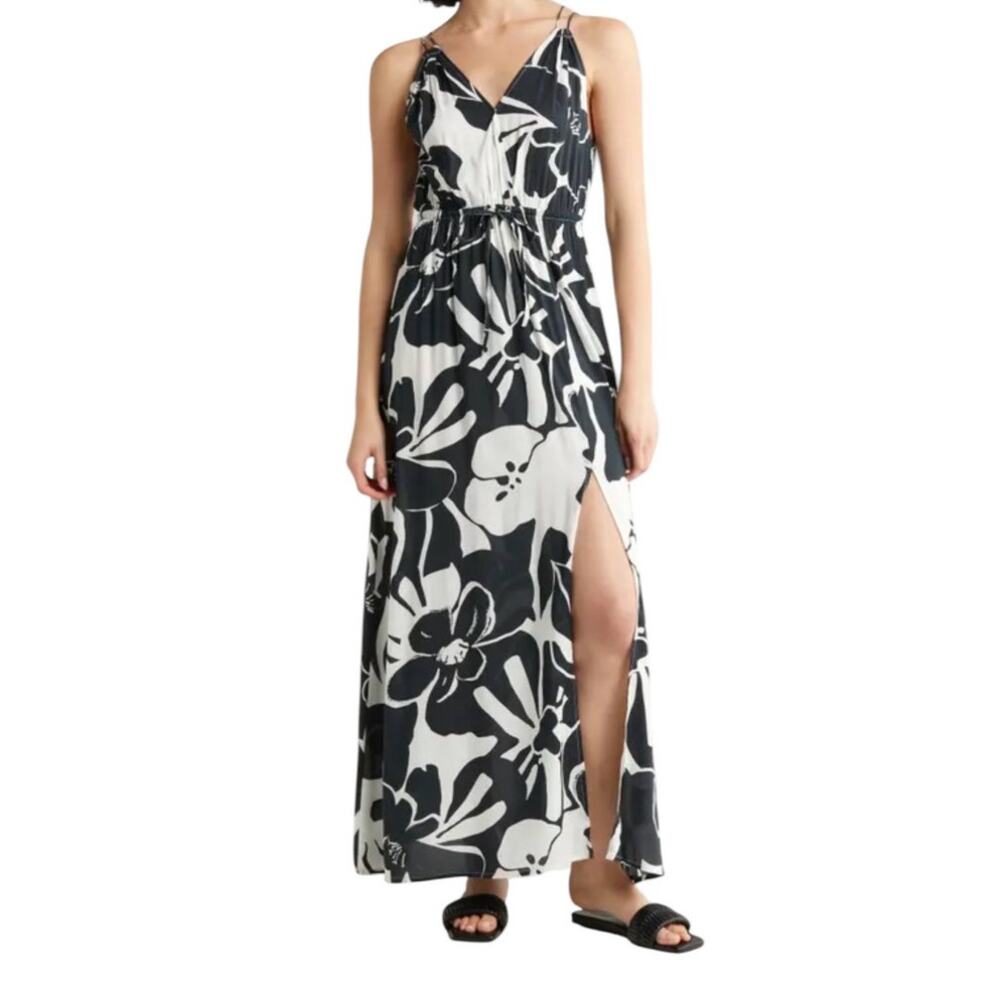 Elan Small Maren Maxi Dress Black White Front Slit Cruise Wear V Neck Boho Flowy
